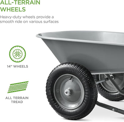 Best Choice Products Dual-Wheel Home Utility Yard Wheelbarrow Garden Cart w/Built-in Stand for Lawn, Gardening, Construction - Gray