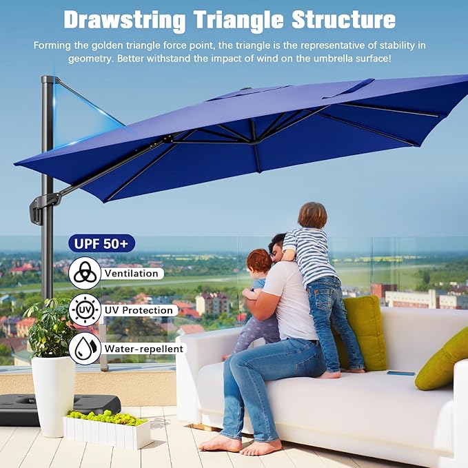 Hotime 10ft Patio Umbrella Outdoor Patio Windproof and Height adjustable, Heavy Duty Aluminum Square Offset Patio Umbrella Cantilever Pool Umbrella with 360°Rotation for Garden Deck Pool, Dark Blue