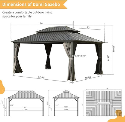 Domi 12' x 14' Hardtop Gazebo Outdoor Metal Gazebo with Galvanized Steel Double Roof Canopy, Curtains and Netting for Patio, Backyard, Deck, Lawn, Grey