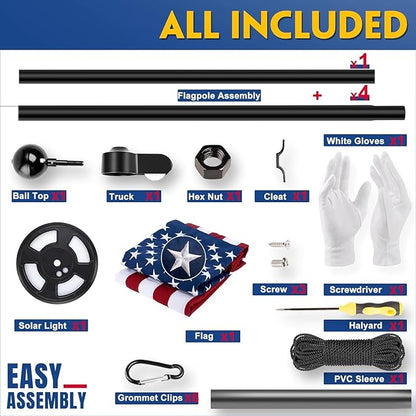 20FT Black Heavy Duty Flag Pole Kit with 3x5 Ft American Flag & Solar Light - 12 Gauge Aluminum Tubing, Resistance High Winds, Hardware Flagpole Set for Residential Commercial Outdoor Ready