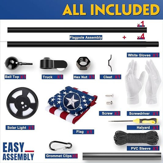 20FT Black Heavy Duty Flag Pole Kit with 3x5 Ft American Flag & Solar Light - 12 Gauge Aluminum Tubing, Resistance High Winds, Hardware Flagpole Set for Residential Commercial Outdoor Ready