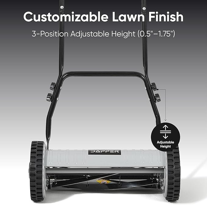 16" Push Reel Lawn Mower – Manual 5-Blade Hand Mower with Adjustable 3-Position Cutting Height (0.5"–1.75") – Lightweight, Eco-Friendly, Steel Blades – 2-Year Warranty