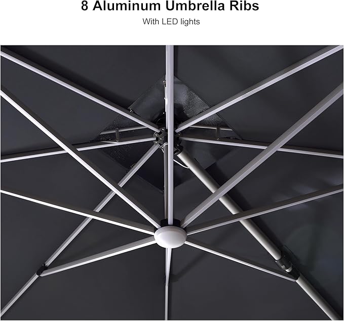 PURPLE LEAF 9' X 12' Solar Powered LED Rectangle Cantilever Umbrella With Base Patio Umbrellas Windproof Hanging Umbrella Outdoor Offset Umbrellas, Black