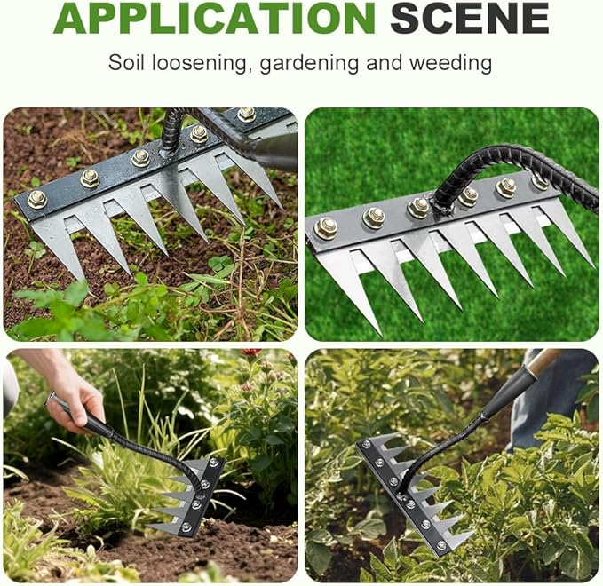 2025 Upgrade Iron Weeding Rake 2.0, 5/6/7/8 Teeth Carbon Steel Garden Weeder Rakes, Iron Rake for Yard Lawn and Garden, Heavy-Duty Garden Hand Weeder Puller Tool for Gardening and Weedings (6 Teeth)