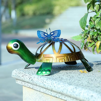 Solar Garden Outdoor Statues with Butterfly, Metal Garden Turtle Statue Solar Lights Outdoor Tortoise Figurines for Patio, Lawn, Yard Ornament, Housewarming Gifts