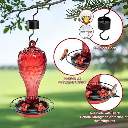 Hummingbird Feeder, Hand Blown Glass Hummingbird Feeders for Outdoors Hanging with Ant Moat, 5 Feeding Ports, Leak-Proof, 20 Ounces, Never Fade Garden Backyard Decoration, Gift for Mom Dad