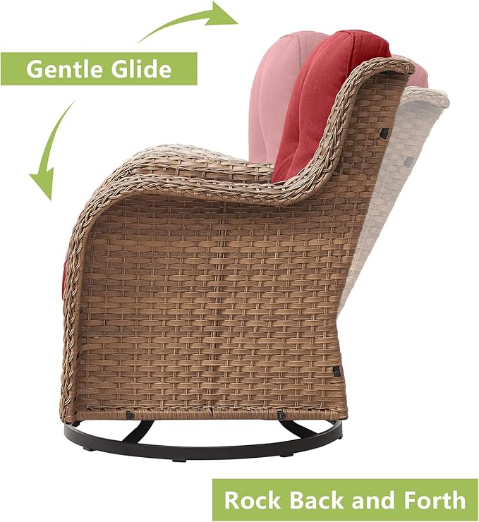 Outdoor Wicker Patio Furniture Set - 6 Piece Rattan Patio Conversation Set with 2 Rocking Swivel Chairs,2 Ottomans,1 Sofa and 1 Side Table for Porch Deck Backyard Garden(Yellow/Red)