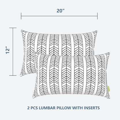 LVTXIII Set of 2 Patio Lumbar Pillows, 12”x20” Fade Resistant Outdoor Lumbar Pillow with Inners, Fluffy Decorative Garden Lumbar Cushions for Home Patio Coach Sofa Use, Herringbone Black White