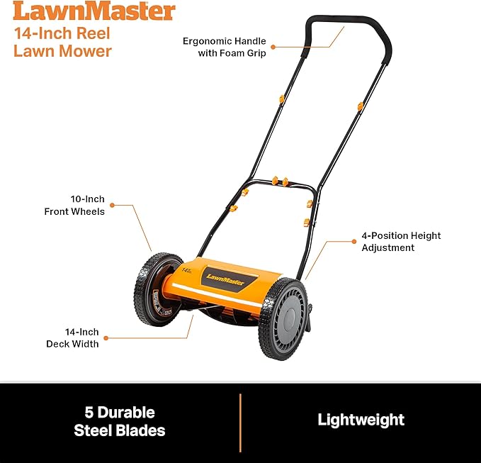 LawnMaster LMRM1401 Push Reel Lawn Mower 14-Inch 5-Blade