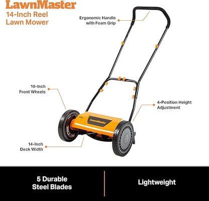 LawnMaster LMRM1401 Push Reel Lawn Mower 14-Inch 5-Blade