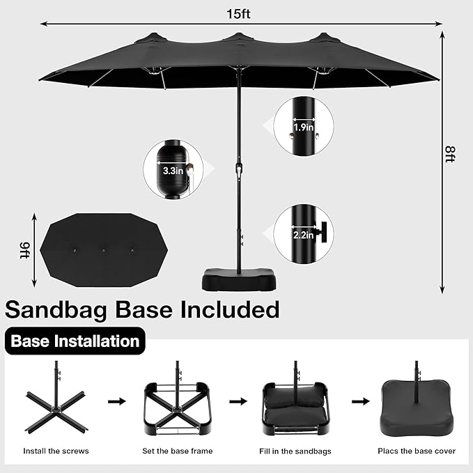 Joyside 15FT Large Patio Umbrella with Base Included, Outdoor Double Sided Umbrella, Rectangle Umbrella with Crank Handle, 12 Sturdy Ribs for Deck, Porch and Pool