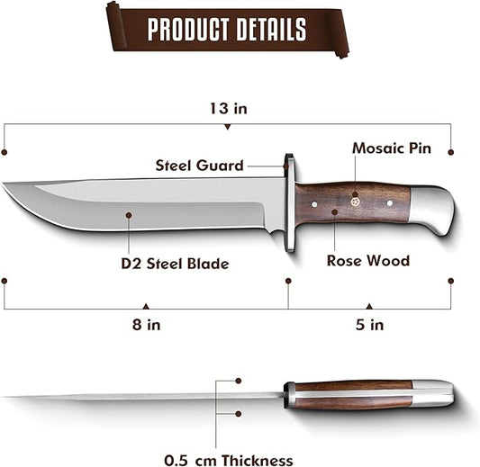 D2 Handmade 13 Inches Bowie Knife Full Tang Fixed Blade Knife with Sheath Hunting Knife with Along Wood Handle Ideal for Camping, Hiking, Survival And Bushcraft