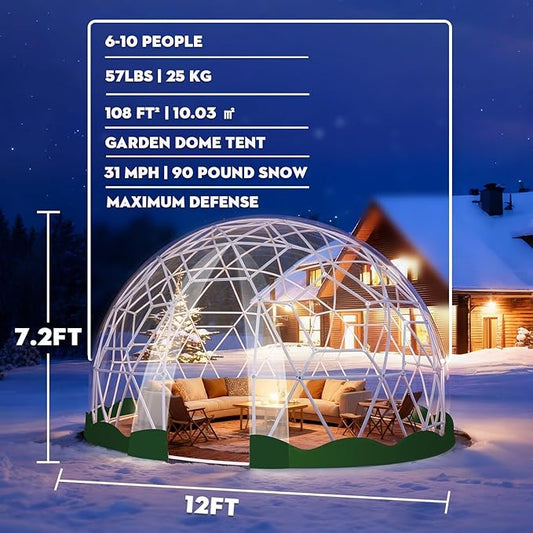 Garden Dome Tent, 12 x 7.2 ft Outdoor Clear Bubble Tent for 2-4 Person, All-Weather Geodesic Dome Greenhouse with Window & Door, PVC Transparent Tent for Patio, Camping, Party (12FT - Green)