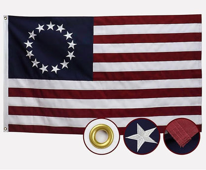 Betsy Ross Flag 3x5 Ft Deluxe Water Resistant Series 13 Stars Made From Heavy Duty Super Tough Spun Polyester/Embroidered Stars/Sewn Stripes/Brass Grommets,US Flags Perfect for Outside
