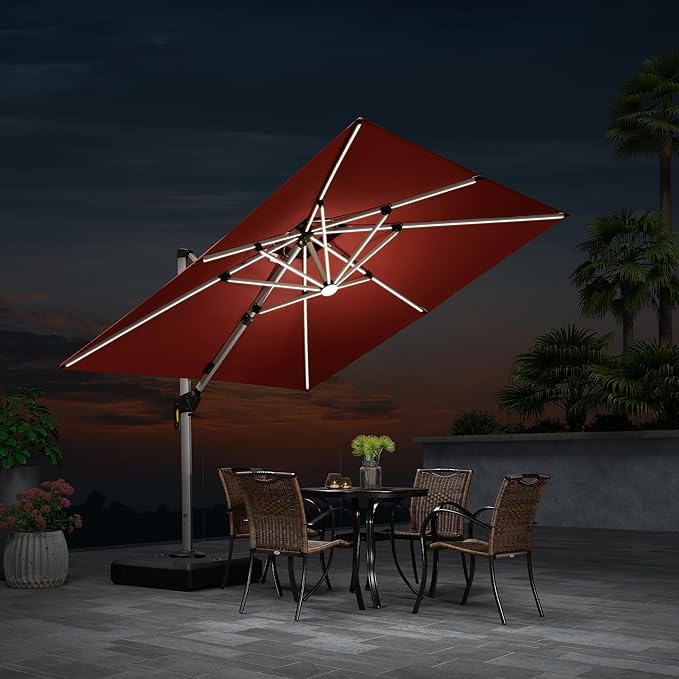 PURPLE LEAF 9 Feet Solar Powered LED Square Cantilever Umbrella With Base Patio Umbrellas Windproof Hanging Umbrella Outdoor Offset Umbrellas, Brick Red