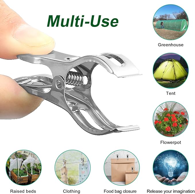 60 Pcs Row Cover Clips, Garden Clamps for Netting, Greenhouse Clamps Made of Stainless Steel, Have a Strong Grip of Greenhouse Clips, For 1/2'', 3/4'', 1'' Garden Hoops or Pvc