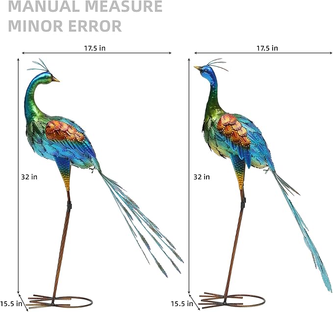 32" Tall Metal Peacock Garden Statue, Handmade Oversized Couple Peacock Sculptures with Anchor Ground Stakes, Iron Ornament Yard Art Decor for Garden, Patio, Entryway Porch, or Home Space.