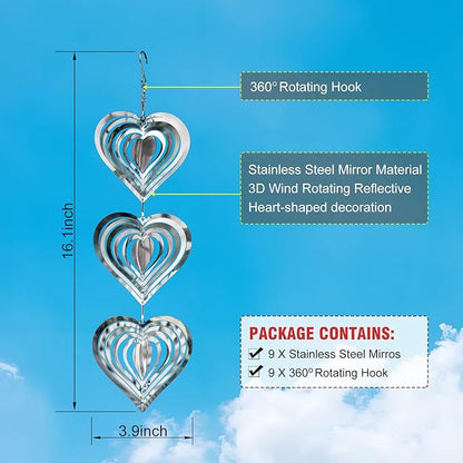 9 Heart Bird Scare Discs Set-Highly Reflective Double-Sided Bird Reflectors, Stainless Steel Wind Spinner with 360° Rotating Hook, Mirrored Wind Chime Decor for Yards, Gardens, Balconies & Orchards