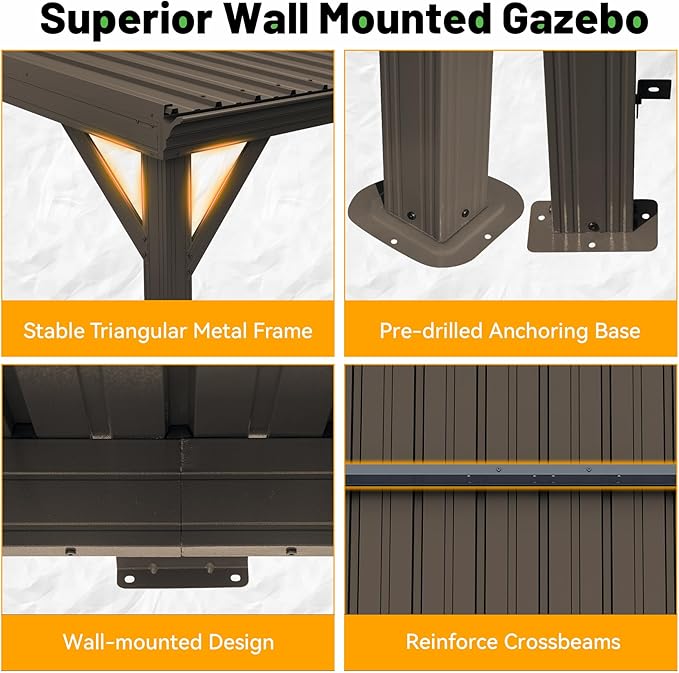 10x10FT Lean to Gazebo, Outdoor Hardtop Wall Mount Gazebo with Gutter & Sloping Galvanized Steel Roof, Metal Hard Top Awnings for Deck, Porch, Backyard- Brown