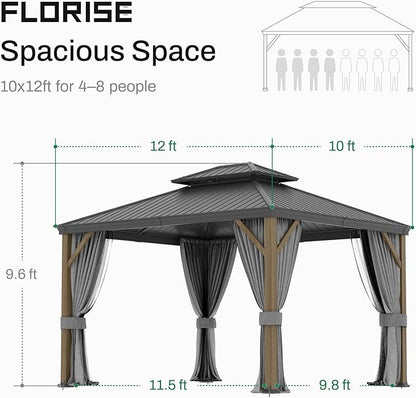 10x 12 Ft Hardtop Gazebo, Outdoor Metal Canopy with Heavy Duty Aluminum Frame, Privacy Curtain and Netting Included, for Patio, Garden, Yard & Lawn