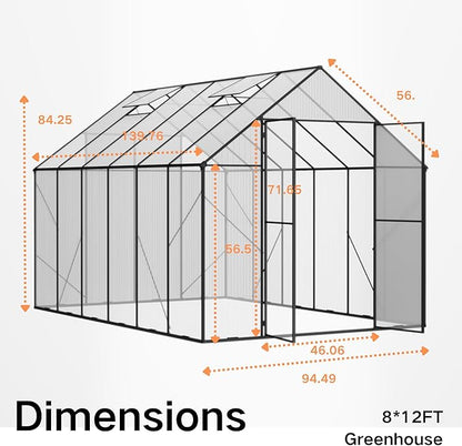 Kingdura 8x12ft Walk-in Greenhouse for Outdoors, Large Polycarbonate Greenhouses with Heavy Duty Aluminum Frame, Adjustable Roof Vent, Lockable Door, UV Protection for Outside Garden Backyard