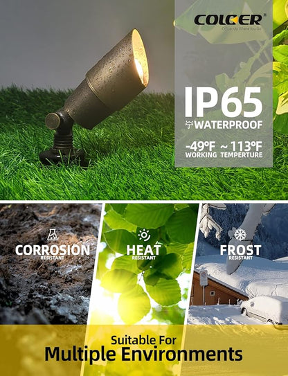 COLOER Die-cast Brass Low Voltage Spotlight 1-Pack with 5W Aluminum Housing MR16 LED Bulb 2700K 450LM CRI85+,12V AC/DC Outdoor Landscape Lighting, Directional Garden Patio Spot Up Light(101B)