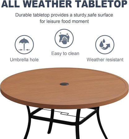 VICLLAX 50" Outdoor Round Patio Dining Table for 4-6, All Weather Metal Dining Table with Umbrella Hole for Deck Lawn Garden Backyard, Walnut