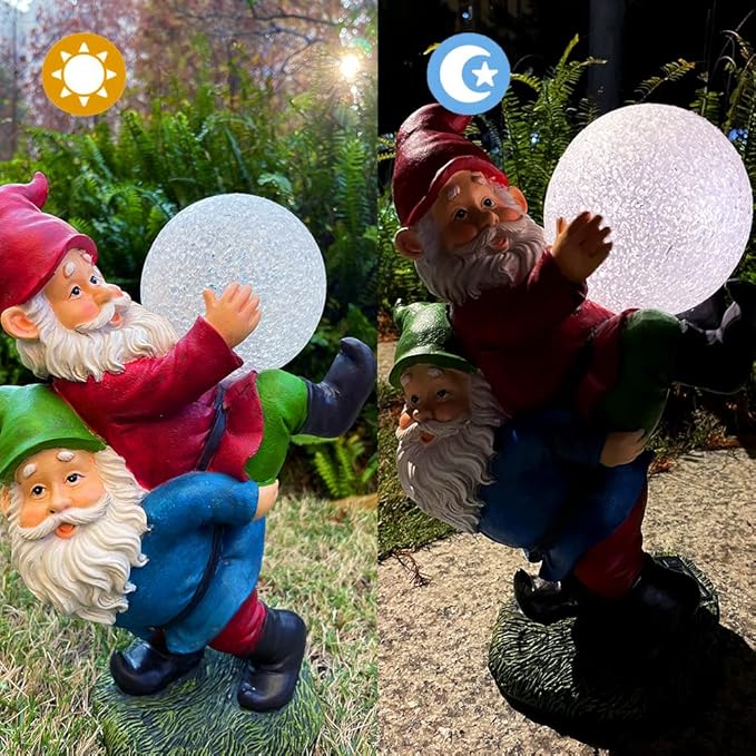 Solar Powered 2 Gnomes Playing with Ball, Decorated Solar Light, Garden Decorations Statues, Resin Garden Figurines (2 Gnomes with a Glass Ball)
