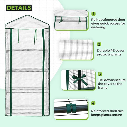 EAGLE PEAK 4-Tier Mini Greenhouse Portable Green House with Shelves & Weather-Resistant PE Cover, Small Greenhouse for Seedlings & Gardening Gifts, 27x19x64 in, Clear/White