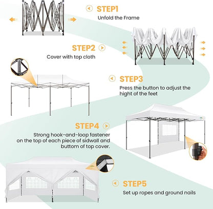 COBIZI 10x20 Pop Up Heavy Duty Canopy with 6 Sidewalls and Hexagonal Legs, Easy up Tent for Parties, Commercial and Wedding, Outdoor Canopy with Roller Bag, Sand Bags, Waterproof & UPF50+ (White)