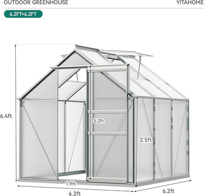 YITAHOME 6x6FT Polycarbonate Greenhouse Heavy Duty Green Houses Outdoor Greenhouses Aluminum Sliding Doors Vent Window Large Sun House for Garden Backyard, Silver