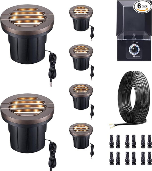 LED Well Light Kit, 6 Pack Low Voltage In Ground Landscape Lights and 100W Transformer and 100FT Cable and 30 Wire Connectors, 12V IP67 Waterproof, Aluminum for Patio Pathway Lawn