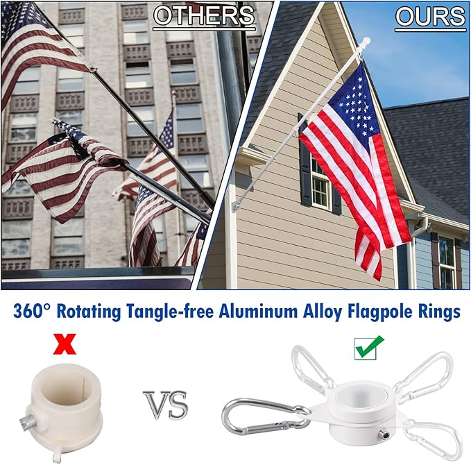 1" White Flag Pole Rings, 2 Pcs Anti Wrap Aluminum Alloy Flag Pole Clips Swivels, 360° Rotating Flagpole Flag Mounting Rings, Spinning Flag Pole Kit for 0.75-1.02" Diameter (1 Inch, White)