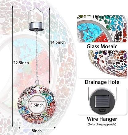 Mosaic Bird Feeders for Outside Hanging with Round Shape Glass Container Fly Through Solar Bird Feeder for Garden Decor (Multicolor)