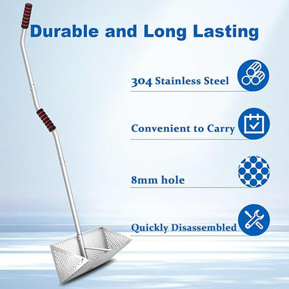 Sand Sifter, 304 Stainless Steel, 16'' Basket with Sharp Teeth, 60" Ergonomic Handle | Equipped with Clam Rake, Sand Flea Sifter, Black Beach Shovel and 5L Bucket