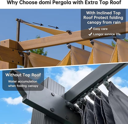 Domi 9’ x 13’ Outdoor Retractable Pergola Against The Wall with Weather-Resistant Canopy Aluminum Garden Pergola Patio Grill Gazebo for Courtyard(Teak Coated)