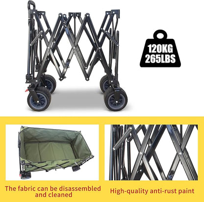 TMZ Collapsible Wagon 445L Extra Large Outdoor Utility Cart, Heavy Duty Carts Foldable with All-Terrain Big Wheels, Canopy and Brakes, Utility Beach Wagon for Outdoor Garden (Green)