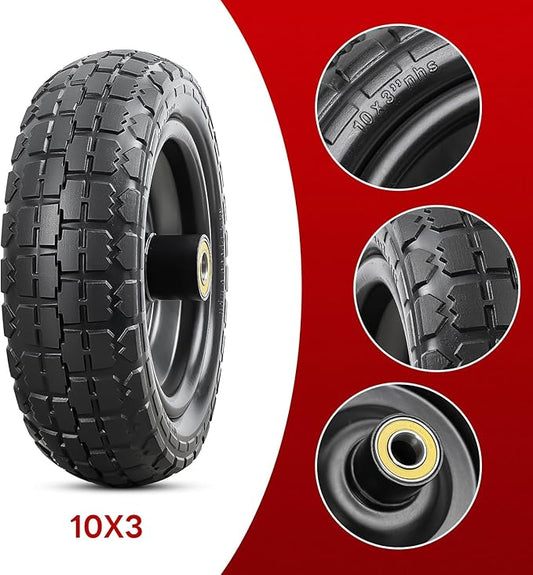 2 Pcs 10” Solid Tires, 10" x 3" Flat Free Tire and Wheel with 5/8” Axle Bore Hole and Double Sealed Bearings,2.1" Offset Hub Compatible with 10x3 Hand Truck, Wheelbarrow, Lawn Mower Tires