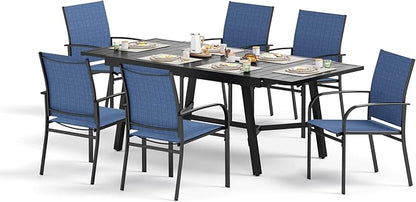 Outdoor Dining Chairs Blue Set of 6,61.4x37.4x29.5” Rectangular Dining Table（Extendable）,Patio Dining Set 7 PCS,Patio Dining Set for Outdoor Kitchen Lawn Garden,Bistro,Deck.