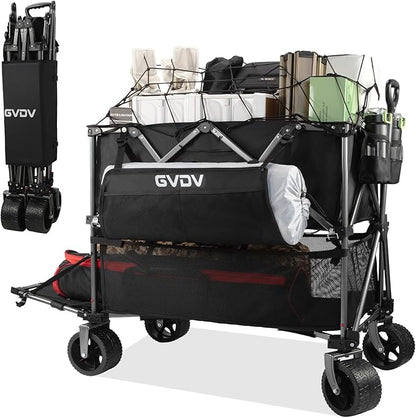 GVDV Double Decker Wagon 500LB Capacity & 400L Collapsible Carts with All-Terrain Wheels, 46" Extra Long Extender Cart with Nylon Netting, Foldable Wagon for Beach Camping Garden Sports