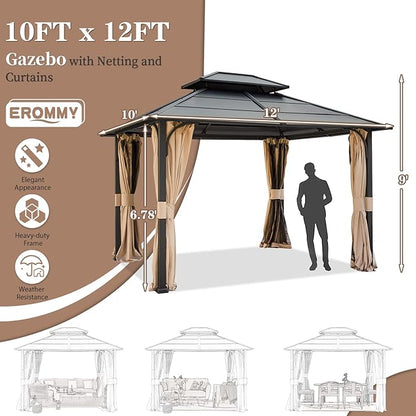 EROMMY 10'x12' Hardtop Gazebo, Double Metal Roof Canopy with Aluminum Frame, Netting and Shaded Curtains Included, Permanent Pavilion Gazebos for Patio, Backyard, Deck, Lawn, Poolside