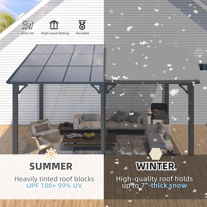 AECOJOY 14' x 12' Gazebo Outdoor Pergola for Patio, Large Wall-Mounted Hard Top 12x14 Lean to Metal Gazebo Shelter Pergolas and Gazebos Clearance with Patio Roof, Heavy Duty Awnings for Patio, Decks