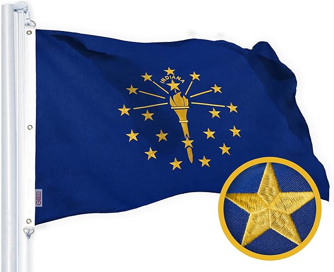 G128 Indiana State Flag | 5x8 Ft | StormFlyer Series Embroidered 220GSM Spun Polyester | Embroidered Design, Indoor/Outdoor, Brass Grommets, Heavy Duty, All Weather