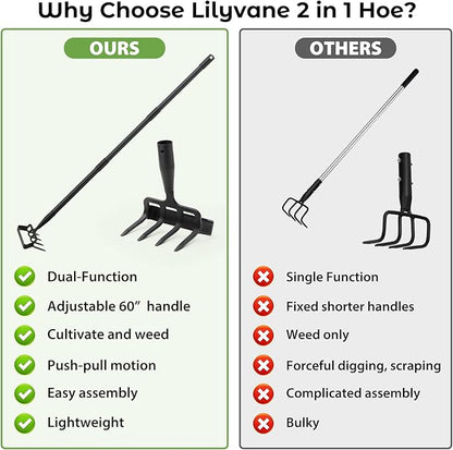 Garden Hoe, 2 in 1 Heavy Duty Stirrup Hoe and Cultivator for Weeding, Sharp Blade, 76 inch Long Handle, Lightweight Stand Push-Pull Hula Hoes Weeding Rake for Grass Removal, Aerating, Cultivating