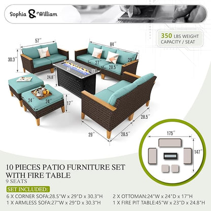 Sophia & William Patio Furniture Set with Fire Pit Table, 10 Piece Outdoor Wicker Furniture Sectional Sofa, Extra Large Patio Rattan Conversation Set with Ottoman & 45" Fire Pit Table(Aqua Blue)