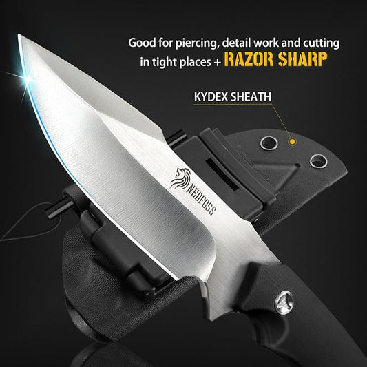 NedFoss Survival Knife with Fire Starter and Kydex Sheath, 9.25" Full Tang Fixed Blade Camping Knife with Sheath Horizontal & Vertical, Bushcraft Knife with G10 Handle for Outdoor, Hunting, Fishing