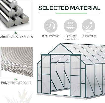 Outsunny 16' x 8' Aluminum Greenhouse Polycarbonate Walk-in Garden Greenhouse Kit with Adjustable Roof Vent, Rain Gutter and Sliding Door for Backyard, Patio, Clear