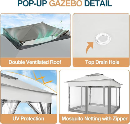 COBIZI 10x10 Pop Up Gazebos on Clearance 11x11 Canopy Tent Easy Up Outdoor Gazebo Waterproof Portable Gazebo with Mosquito Nettings, Double Vented Roof and Carry Bag for Patio Garden Lawn(Gray)
