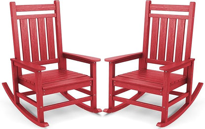 SERWALL Oversized Outdoor Rocking Chair Set of 2, HDPE Rocker for Adults, Patio Rocking Chairs for Porch, Red
