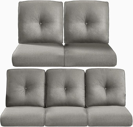 Pop 22x25/22x24 Outdoor Cushions for Patio 5 Piece Set - Set of 5 Water-Resistant Replacement Cushion for Wicker Dining Rocking Swivel Chairs Loveseat Couch Sectional Sofa - Grey/Button
